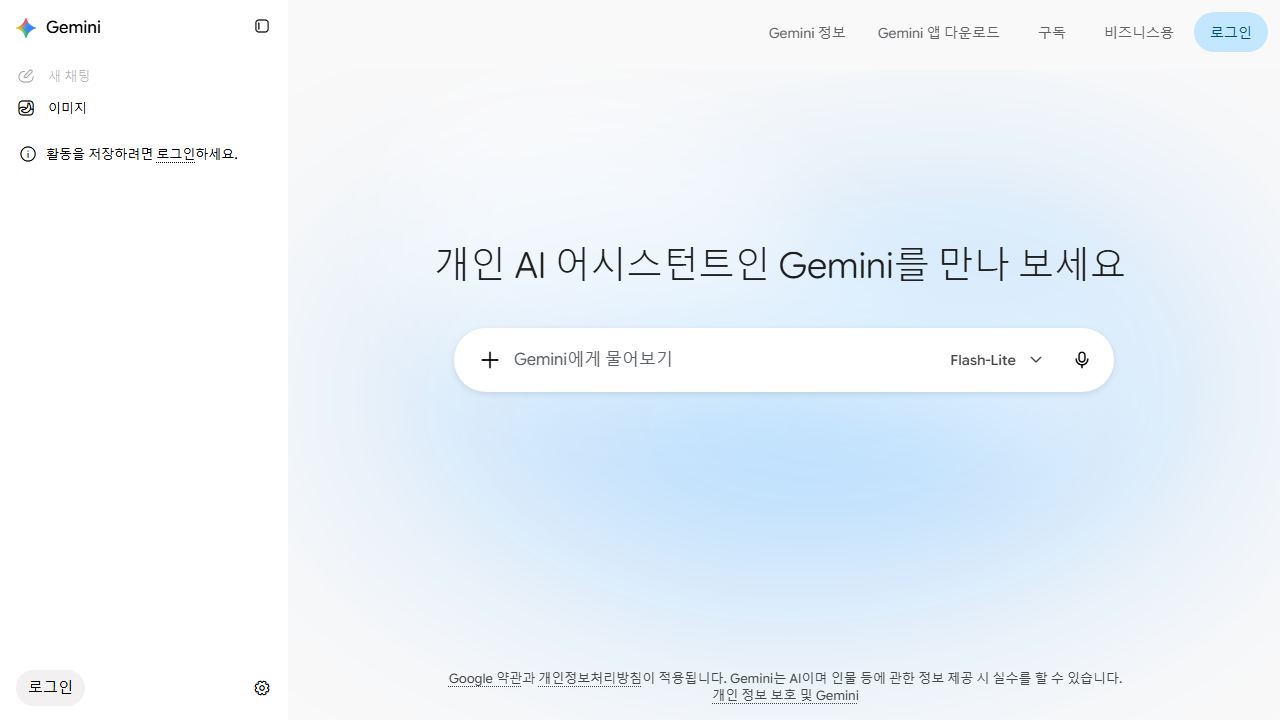 Google Gemini 메인 페이지 캡처